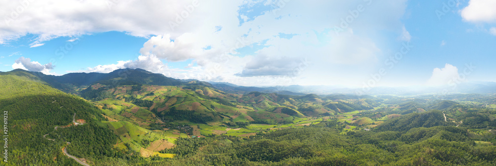 Fototapeta premium Panoramic aerial view from drone of the high mountain landscape in the northern, Thailand