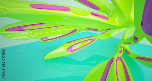 Abstract smooth architectural white interior with color gradient of a minimalist house with large windows. 3D illustration and rendering.