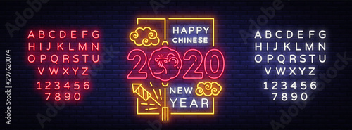 2020 Chinese New Year Neon Vector, greeting card with neon elements. Zodiac sign for flyer, invitation, posters, brochure, banners. Holidays Vector Illustration. Editing text neon sign