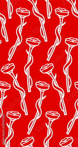 White line roses seamless pattern on red background