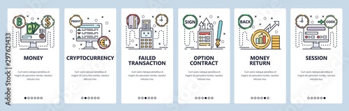 Mobile app onboarding screens. Bank transaction, digital money, online banking, crypto currency, profit. Vector banner template for website and mobile development. Web site design flat illustration
