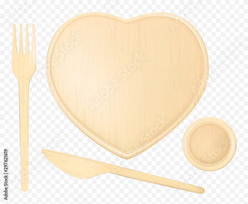 Wooden heart plate with fork, knife and glass top view, disposable tableware isolated on transparent background, single-use table setting made of natural eco material. Realistic 3d vector illustration