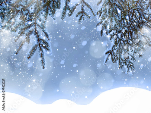 winter christmas background with snow and fir branches frame