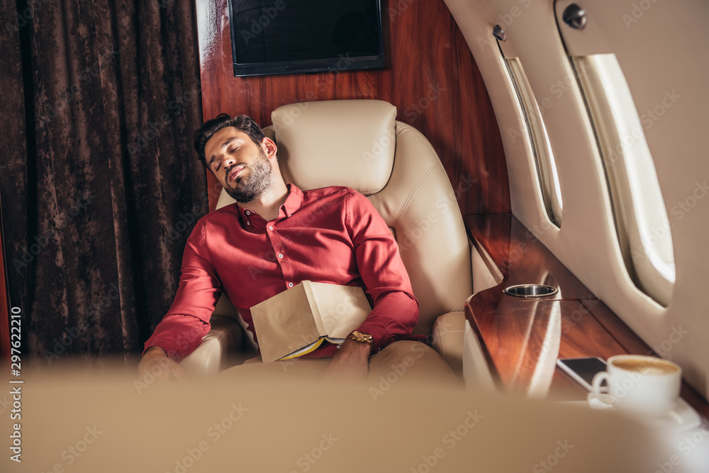 Obraz premium handsome man in shirt sleeping with book in private plane