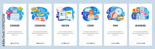 Mobile app onboarding screens. Cooking stove, meal recipe, breakfast food, blender, fry pan. Menu vector banner template for website and mobile development. Web site design flat illustration