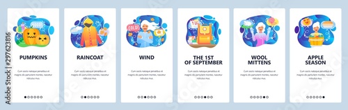 Mobile app onboarding screens. Autumn season, raincoat, fall wind, halloween pumpkins, wool clothes, cold weather. Vector banner template for website and mobile development. Web site flat illustration