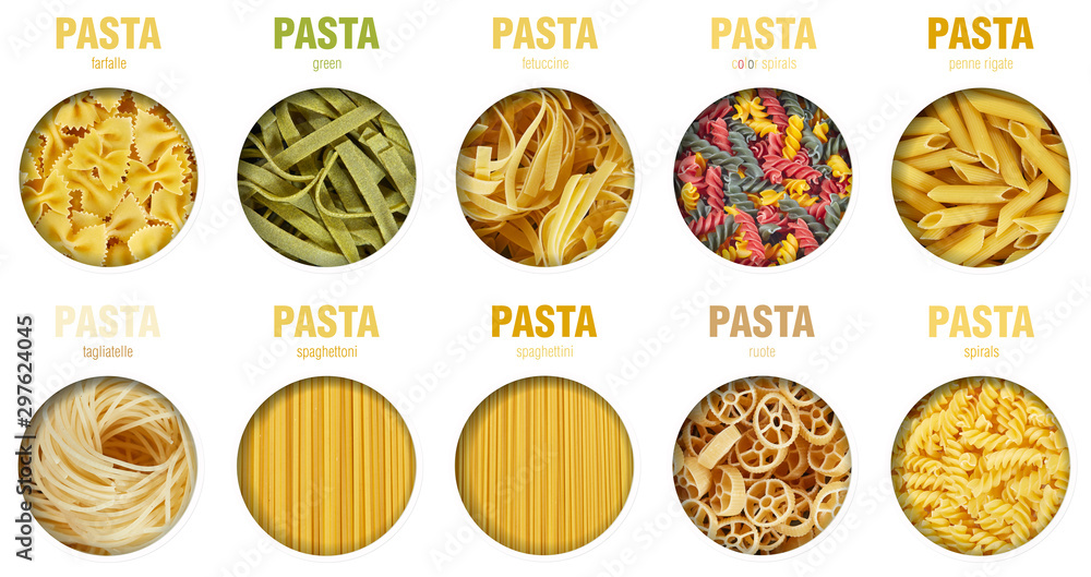 Pasta 10 different species, arranged behind round holes with shadows