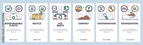 Mobile app onboarding screens. Eco plastic bag, recycle waste, contamination, environment, reforestation. Vector banner template for website and mobile development. Web site design flat illustration