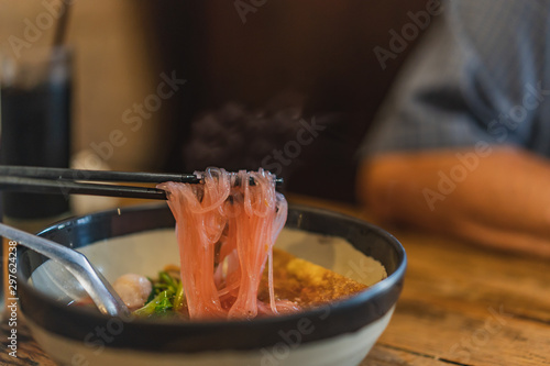 Yentafo is Pink soup noodle which famous food noodle