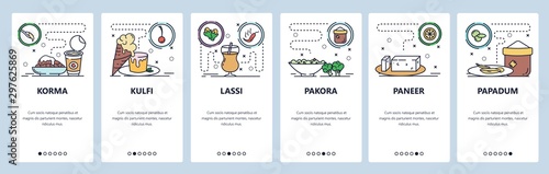 Mobile app onboarding screens. Indian food, lassi, korma, pakora, paneer. Menu vector banner template for website and mobile development. Web site design flat illustration