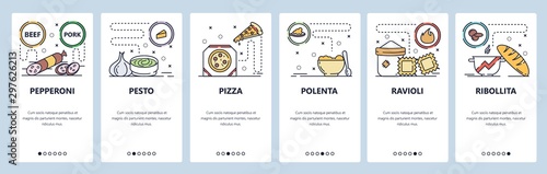 Mobile app onboarding screens. Italian food, salami, pesto sauce, pizza and raviolli. Menu vector banner template for website and mobile development. Web site design flat illustration