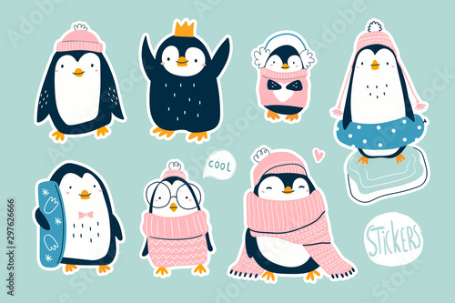 Hand drawn vector set of cute funny various penguins. Different clothing, various poses. Colored trendy illustration. Flat design. All elements are isolated. Pre-made stickers