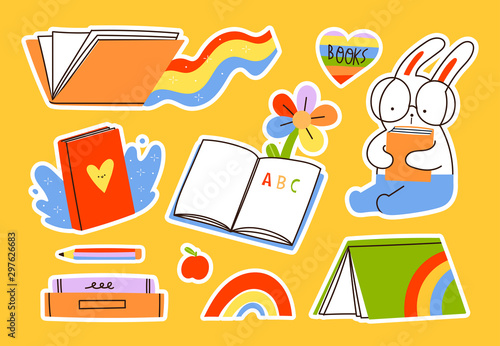 Read more books. Set for book lovers. Various books, stack of books, rabbit in glasses. Various objects. Hand drawn educational vector illustration. Flat design. Cartoon style. Everything is isolated