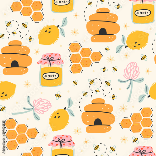 Set of cute bees, tasty healthy honey, jars, hive, flower, honeycomb. Colored trendy vector illustration. Cartoon style. Flat design. Hand drawn seamless pattern