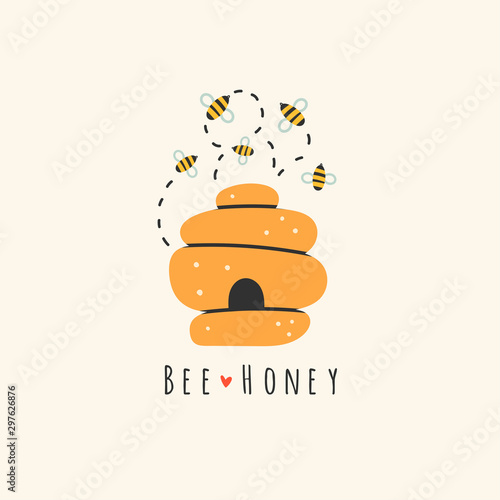 Bee honey. Cute little bees and honey hive. Hand drawn colored trendy vector illustration. Cartoon style. Flat design. Greeting card