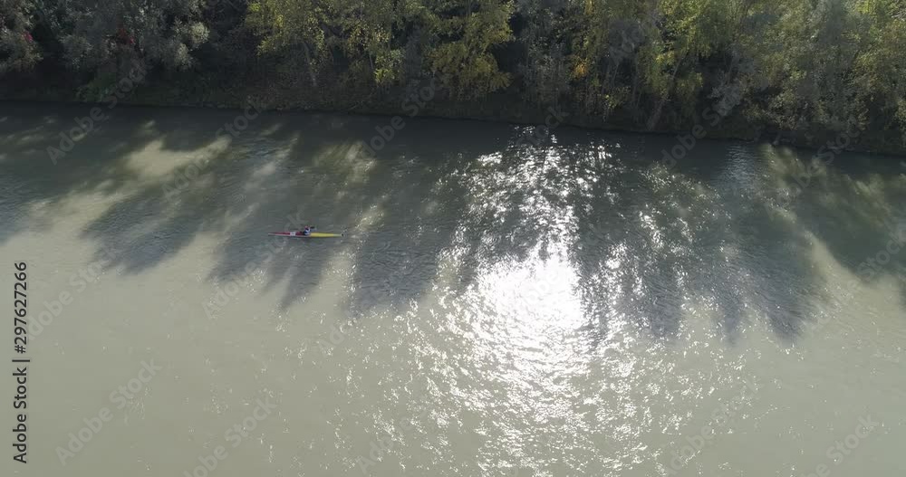 Kayaking at Adige river, Canoe Kayak Rafting Marathon, Top view of canoe rowing down Kayaking at Adige river, Canoe Kayak Rafting Marathon, Top view of canoe rowing down