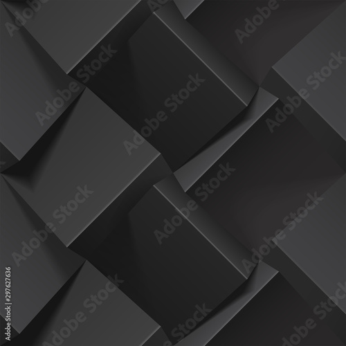 Dark abstract seamless geometric pattern. Realistic 3d cubes from black paper. Vector template for wallpapers, textile, fabric, wrapping paper, backgrounds. Texture with volume extrude effect.