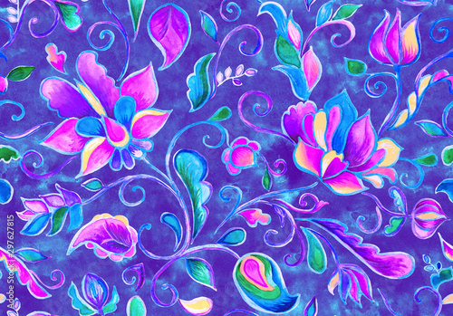 Paisley watercolor floral pattern tile:  flowers, flores, tulips, leaves. Oriental indian traditional hand painted water color whimsical seamless print, ceramic design. Abstract india batik background