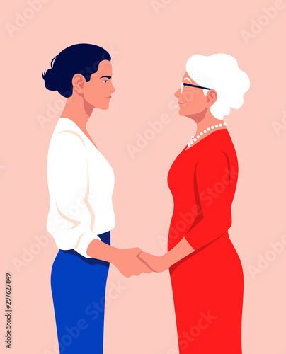 Girl and an old woman holding hands. Grandmother and adult granddaughter are standing in profile. A family. Women's community. Vector flat illustration