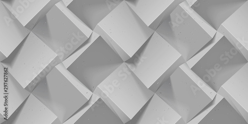 Gray seamless geometric pattern. Realistic volumetric concrete cubes. Vector template for for wallpapers, wrapping paper, backgrounds. Abstract texture with volume extrude effect.