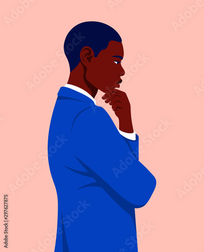 Portrait of an African man in profile. A guy in a business suit is thinks. Problems and solutions. Vector flat illustration
