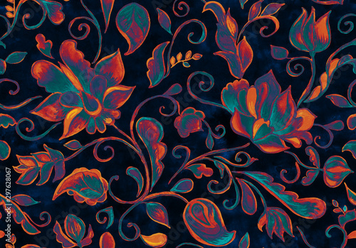 Paisley watercolor floral pattern tile:  flowers, flores, tulips, leaves. Oriental indian traditional hand painted water color whimsical seamless print, ceramic design. Abstract india batik background