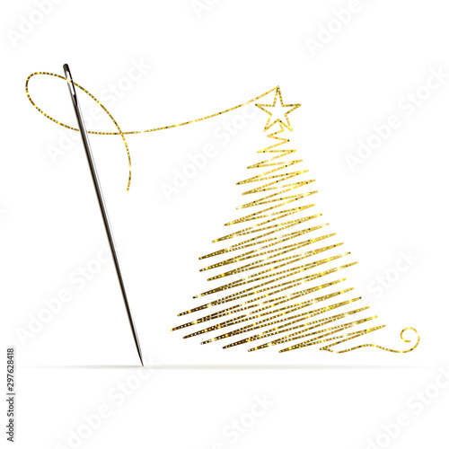 Sewing Needle with Gold Thread in the Shape of a Christmas Tree