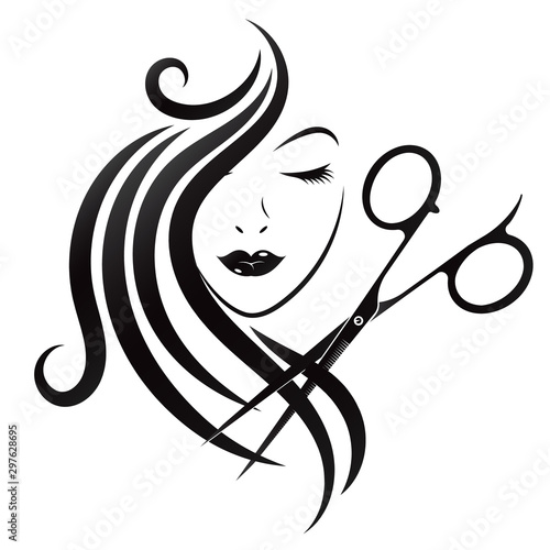 Fototapeta samoprzylepna Face of a beautiful girl with curls of hair and scissors. Silhouette for beauty salon and hairdresser