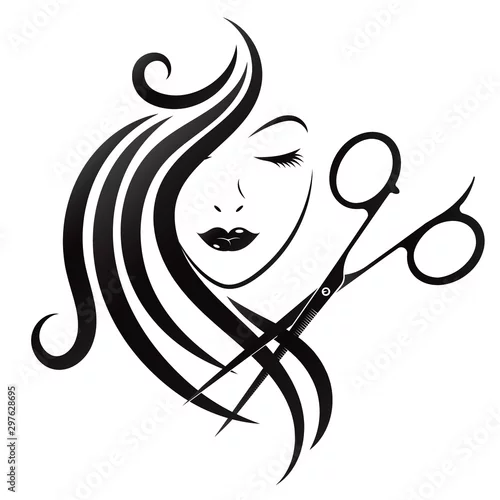 Obraz Face of a beautiful girl with curls of hair and scissors. Silhouette for beauty salon and hairdresser