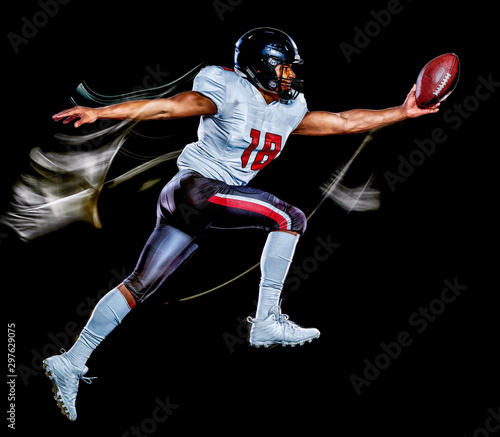 one african american football player man studio shot isolated on black background with light painting with blurred motion speed effect © snaptitude