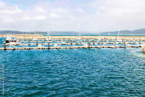 Summer marina view in Muxia or Mugia on the Way of St. James, Camino de Santiago, Province of A Coruna, Galicia, Spain