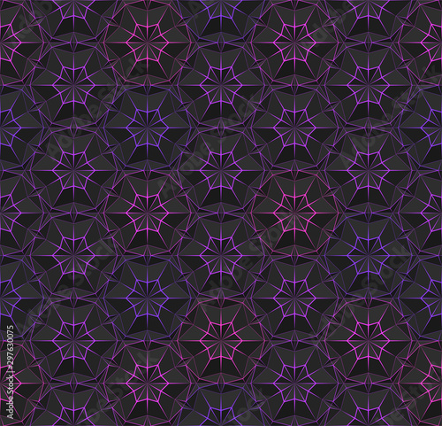 Dark seamless polygonal texture with triangles. Black pattern with bright color thin lines. Vector geometric illustration for background, wallpaper, interior, textile, wrapping paper and print design.