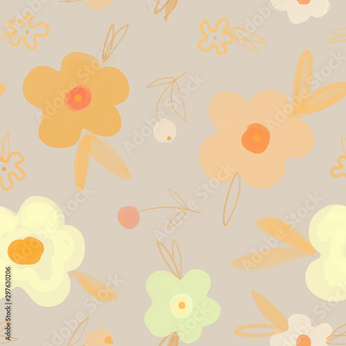 Seamless Botanical pattern with flowers in soft colors. Naive style. Suitable for printing on fabric and for children's Wallpaper, for design, for wrapping paper and decoration of children's parties.