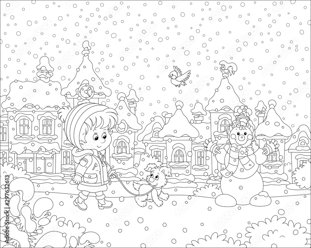 Little girl walking with his cheerful pup through a snow-covered park of a small town on a snowy winter day, black and white vector illustration in a cartoon style for a coloring book