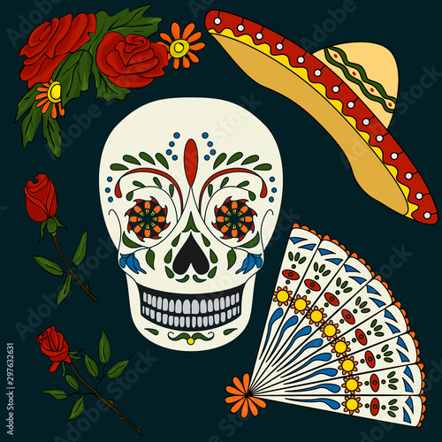 Set of elements for design on a theme - Day of the Dead. Stock Photo - decorated with skull, sombrero, fan, red rose on a dark background.