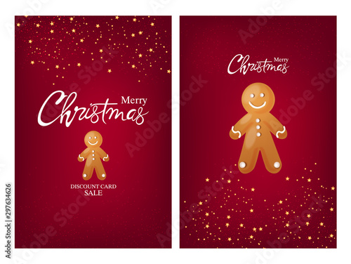 Set of merry christmas cards with gingerbread men cookie and stars, sparkles ...