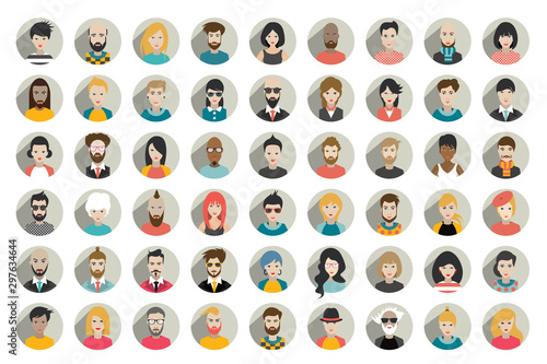 Mega set of circle persons, avatars, people heads  different nationality in flat style. Vector.