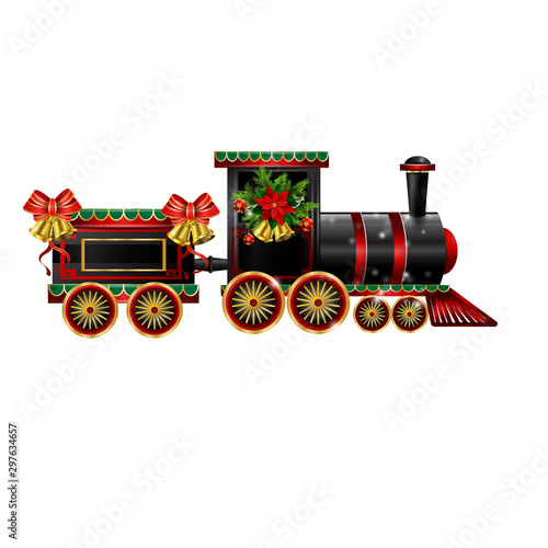 Little Christmas train with wagons decorated red ribbon Vector