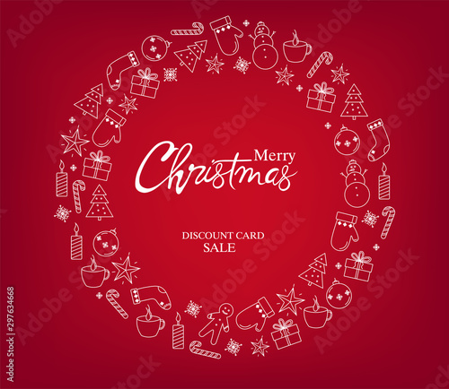 Merry christmas discount sale card with a wreath full of holiday decorations....