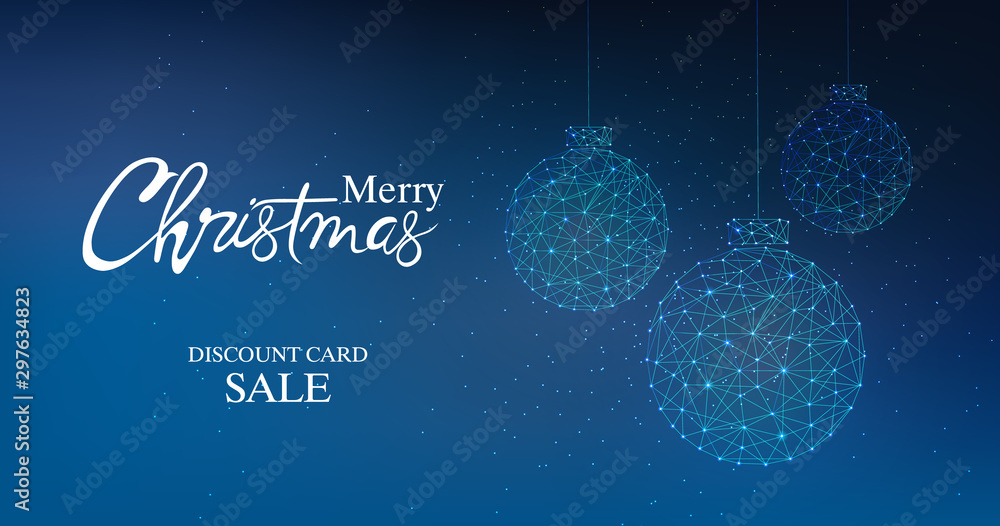 Merry christmas discount card sale banner with innovative style bauble. Connected dots. Blue background Merry christmas discount card sale banner with innovative style bauble. Connected dots. Blue background