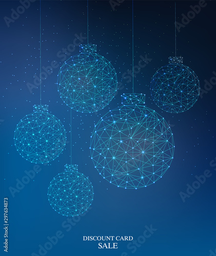 Cybernetic style christmas baubles. Connected dots. Discount card sale text. Vector