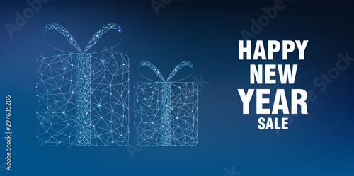 Merry christmas and happy new year sale banner with innovative style gift box. Connected dots. Blue background
