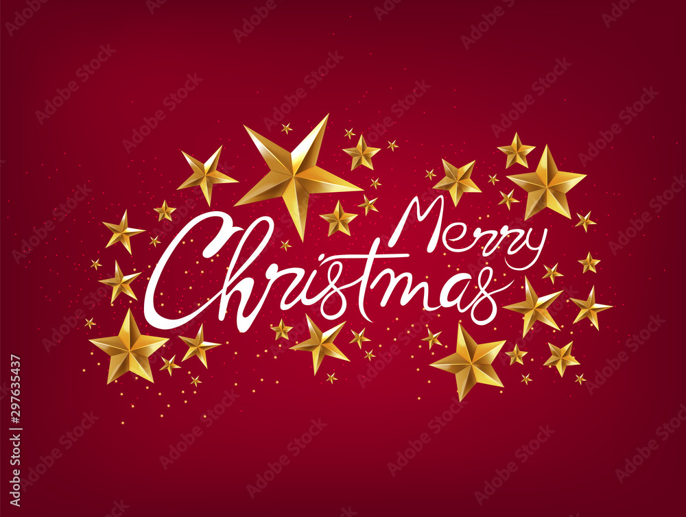 Merry christmas greeting card with gold stars, handwritten text and sparkles. Red background vector