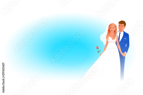 Beautiful newlywed couple in wedding attire. The bride stands with a rose, behind her the groom gently holds her hand. Vector illustration with blue background for text.