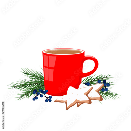 .Bright christmas illustration for christmas red mug of hot coffee with milk tree branches shortbread cookies and berries for books, stickers, decorations, decor