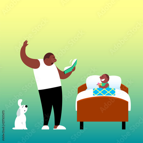 Father before going to bed with enthusiasm reads a book to his son. The child sits in bed with an apple and listens with interest. African American family. Cartoon funny vector illustration.