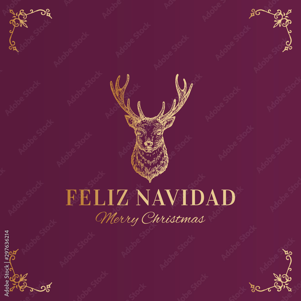 Merry Christmas Abstract Vector Classy Label, Logo or Card Template. Hand Drawn Golden Deer Head Sketch Illustration with Vintage Typography and Twisted Decorative Corners. Premium Purple Background Merry Christmas Abstract Vector Classy Label, Logo or Card Template. Hand Drawn Golden Deer Head Sketch Illustration with Vintage Typography and Twisted Decorative Corners. Premium Purple Background