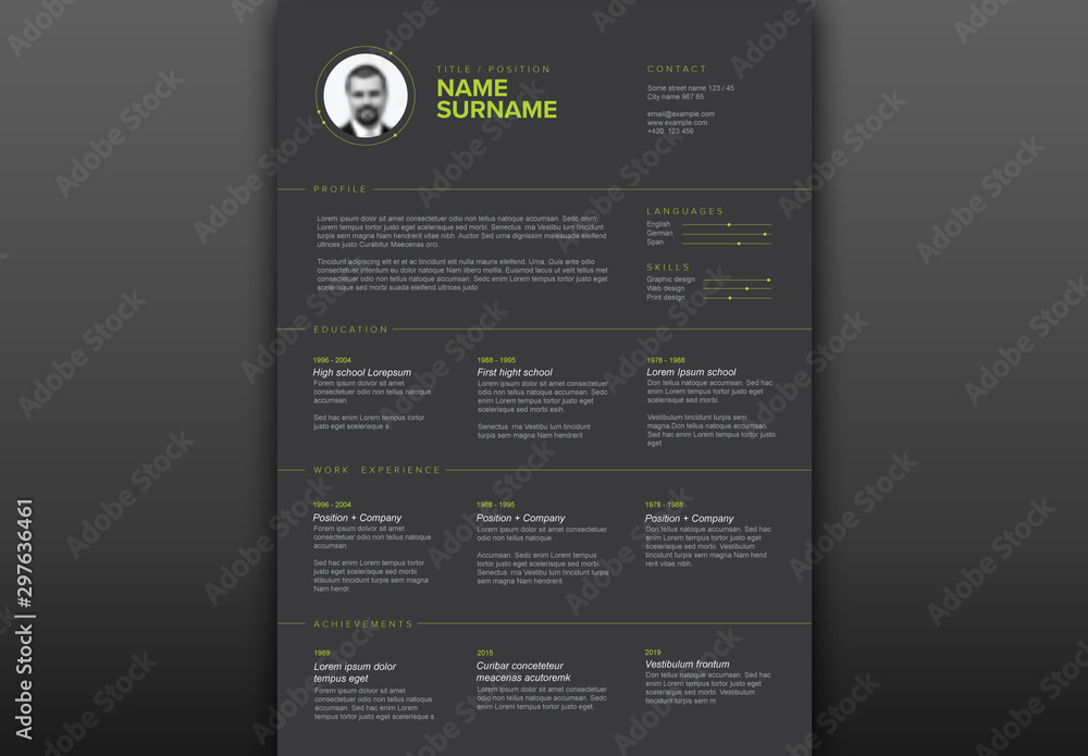 Resume Layout with Green Elements and Dark Background Stock Template ...