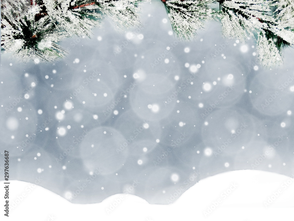 winter christmas background with snow and fir branches frame