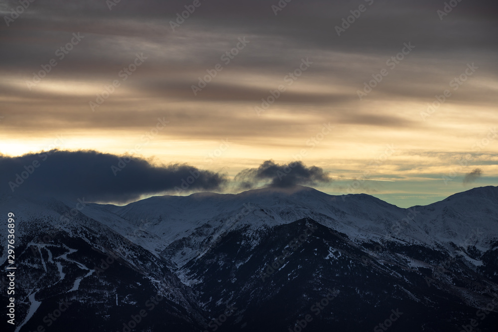 Beautiful sunset on the Ski resort of Font Romeu in the  Pyrenees mountains, France 